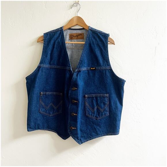 WRANGLER Button Up Biker Trucker Cowboy Rodeo Western Denim Vest Pockets Size XL - Picture 1 of 9
